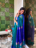 Peacock green and blue dual tone Maheshwari saree with resham border