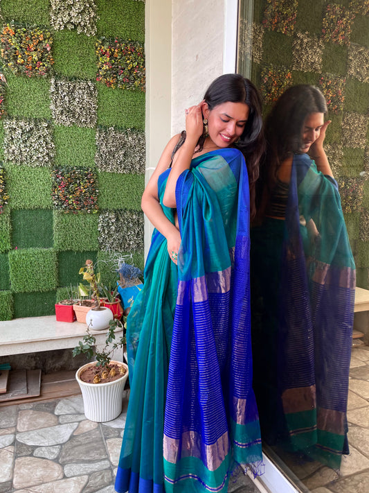 Peacock green and blue dual tone Maheshwari saree with resham border