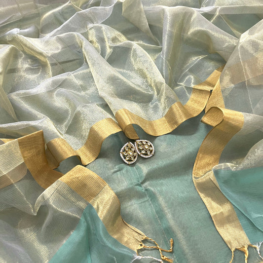 Turkish Green & Gold Maheshwari Tissue Silk Suit with Zari Lines on Dupatta