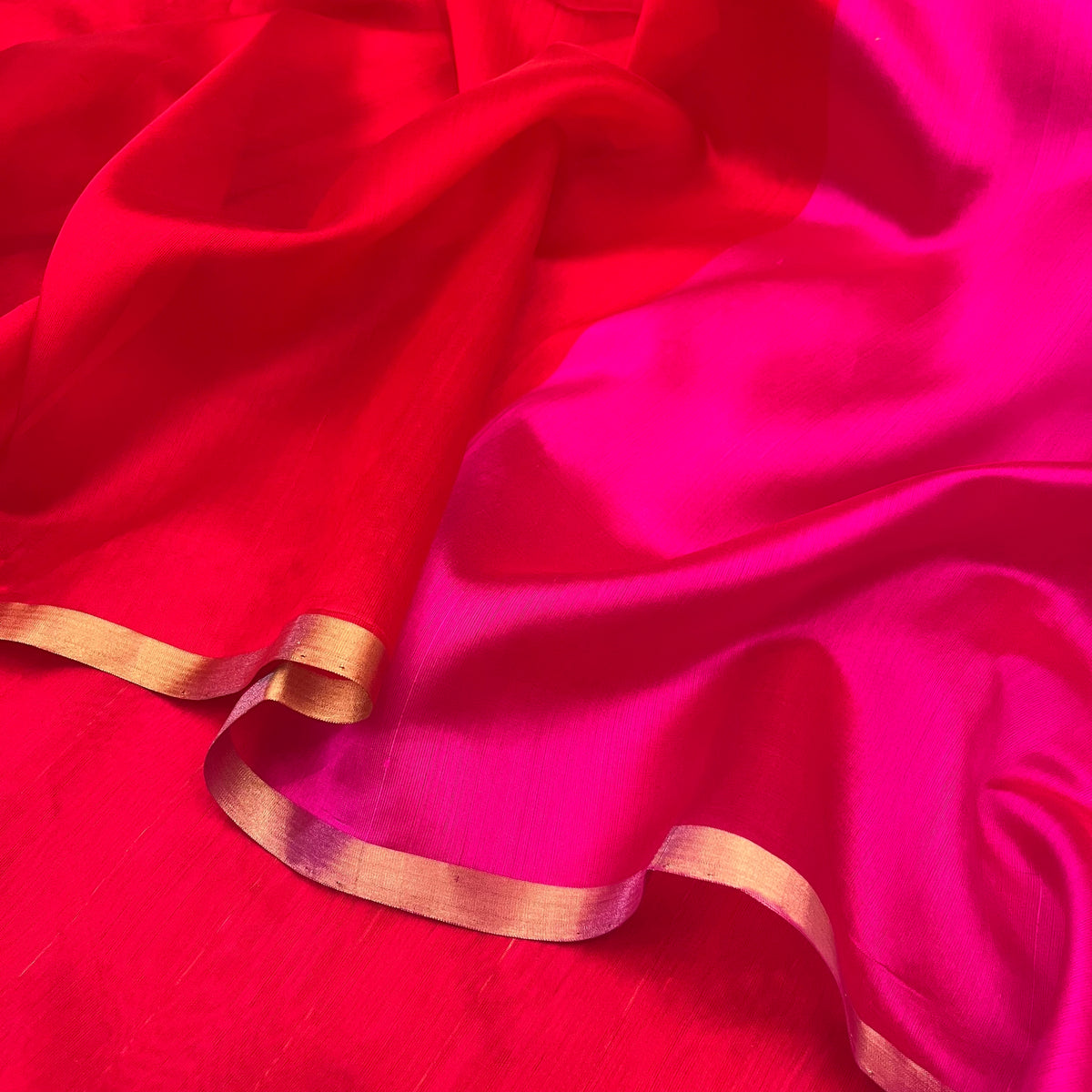 Chili Red and pink Chanderi silk saree with tassels on pallu