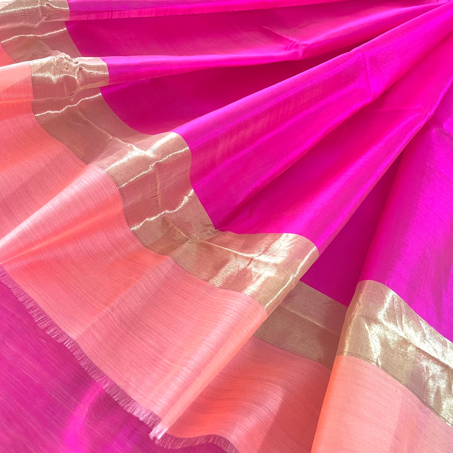 Peachish pink Chanderi silk saree with dragonfly motifs all over