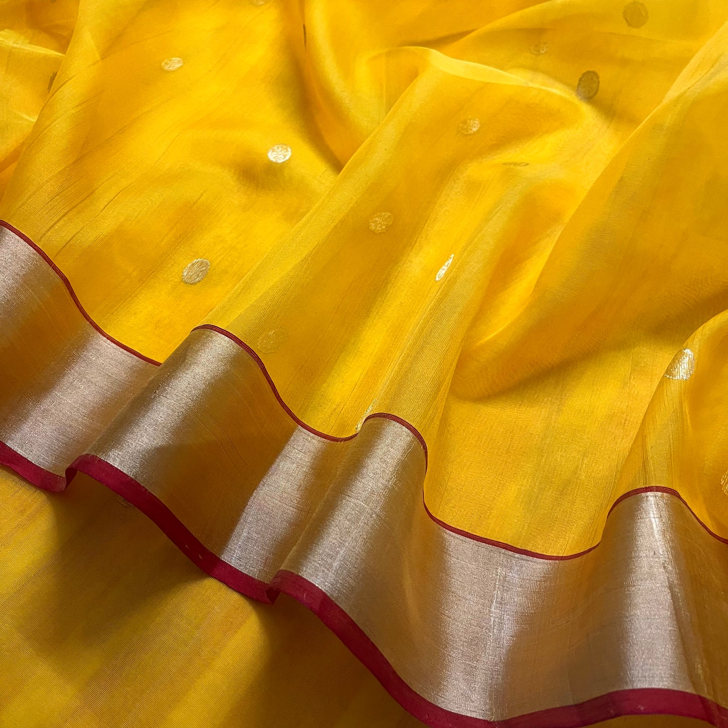 Yellow Chanderi silk saree with zari motifs on pallu
