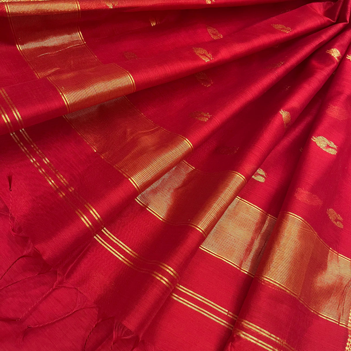 Red Maheshwari saree with morni motifs all over