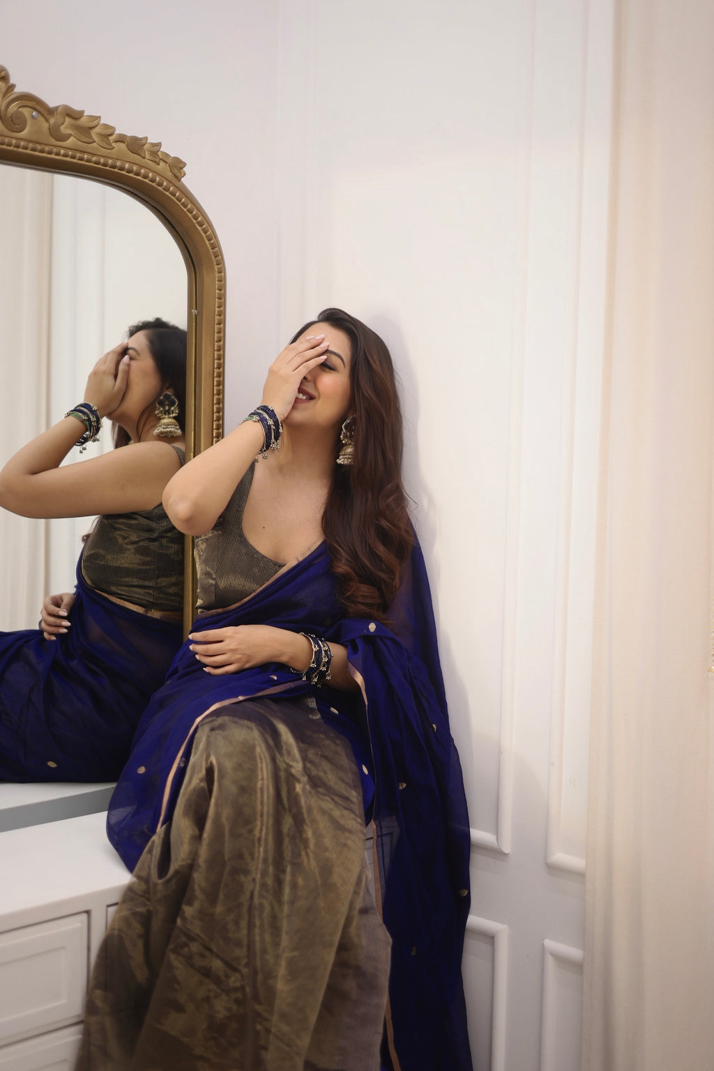 Ready to wear | Dark Blue Maheshwari Saree with Zari Bootis & Zari Lines