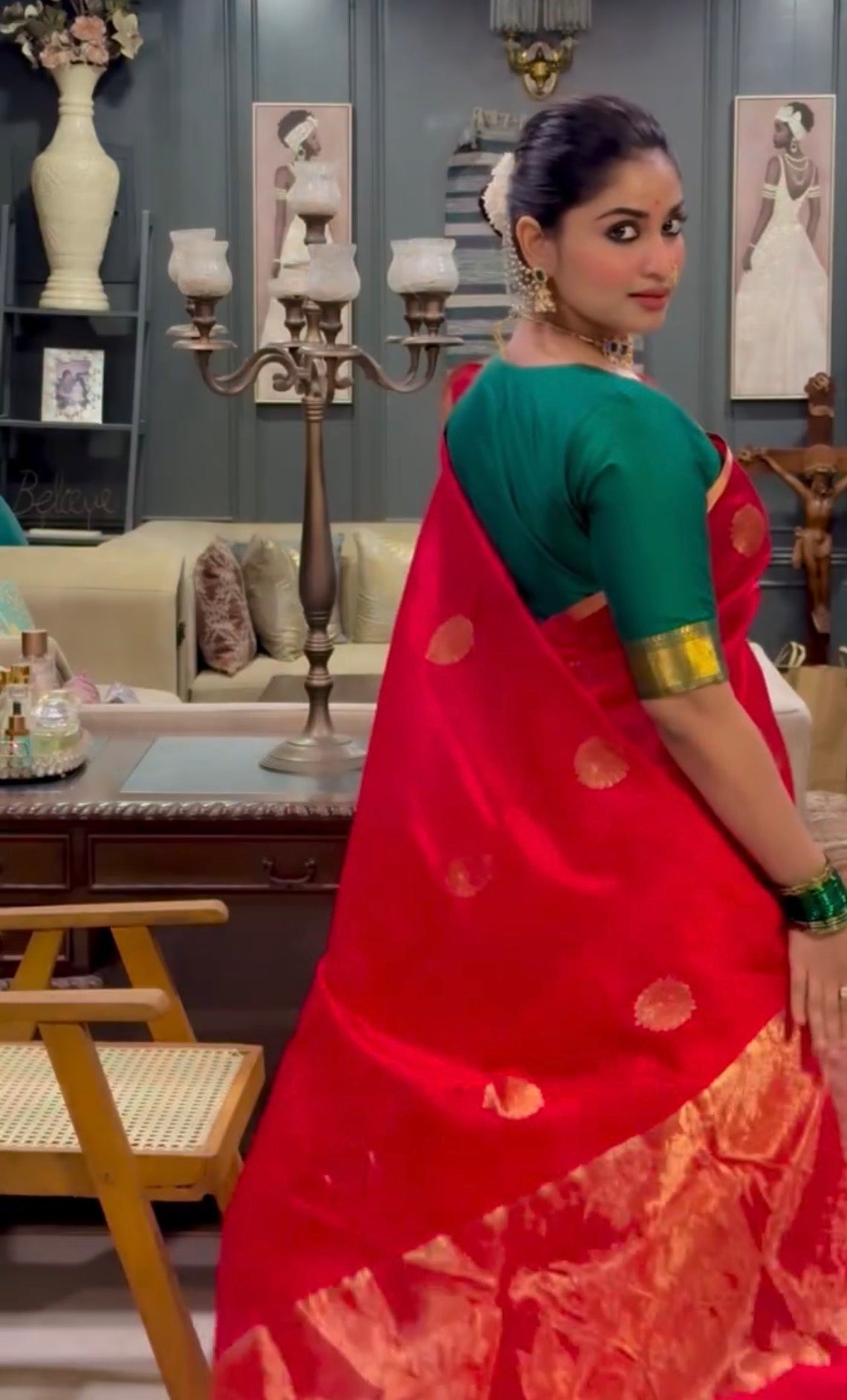 Red Chanderi Silk Saree with Mor Motifs all over