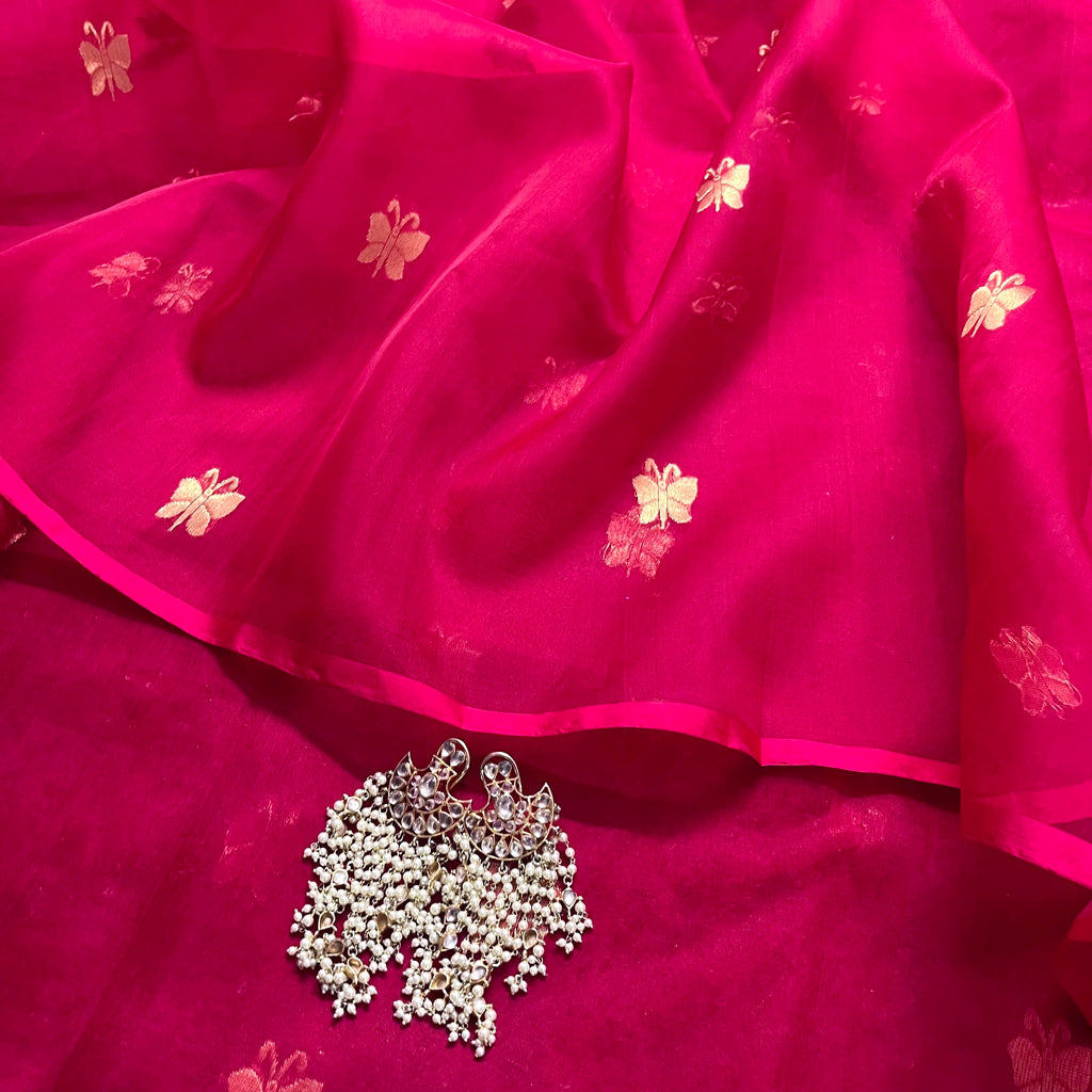 Rani pink Chanderi silk saree with butterfly motifs all over