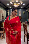 Red Chanderi Silk Saree with Mor Motifs all over