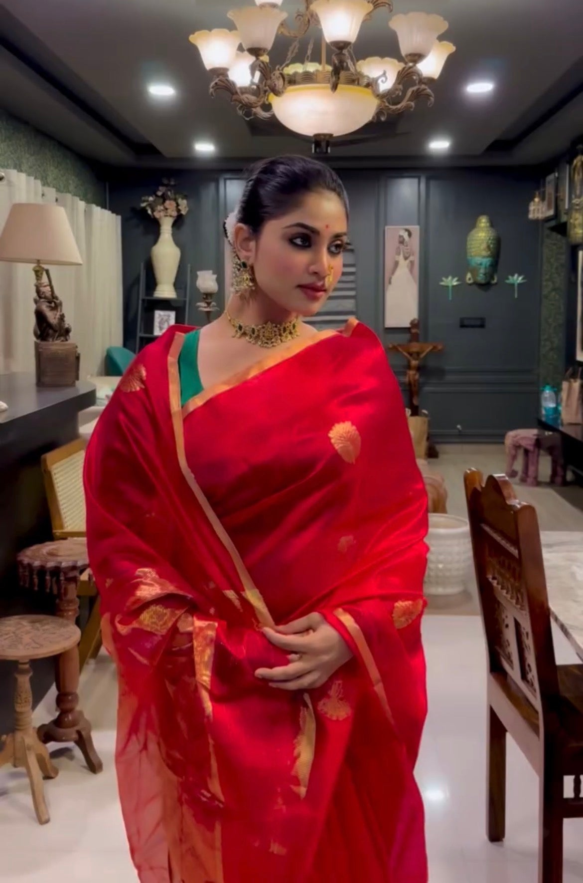 Red Chanderi Silk Saree with Mor Motifs all over