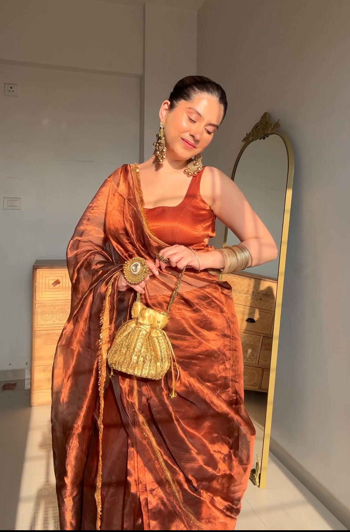 Molten Bronze chanderi tissue silk with kiran border