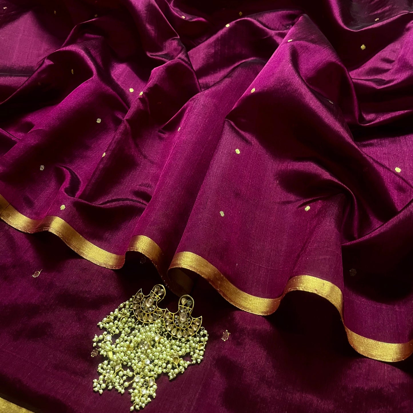 Dark Plum Chanderi silk saree with zari bootis all over