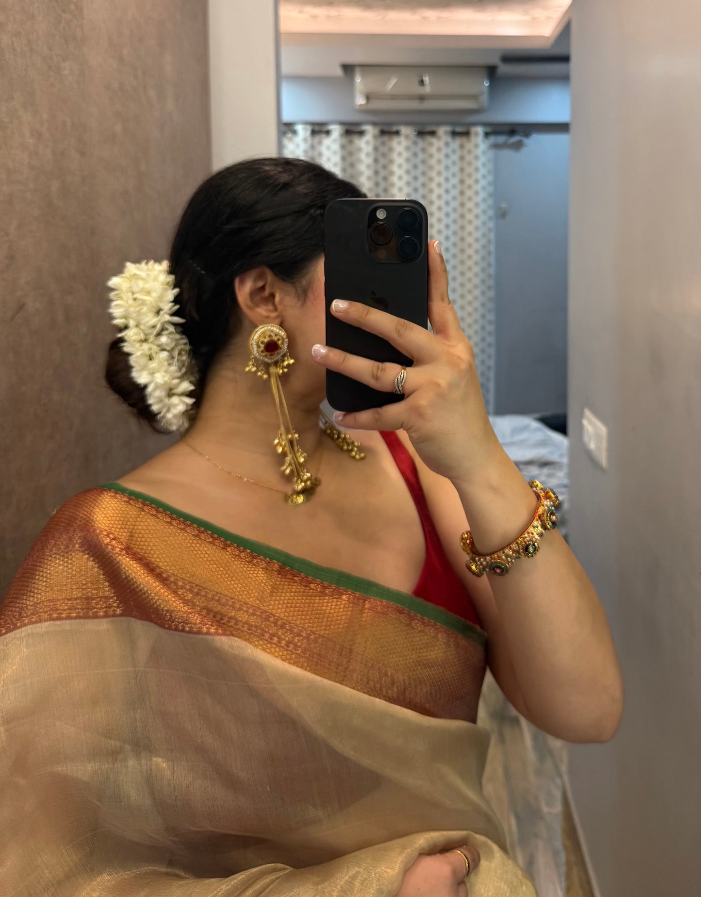Gold Red & Green Maheshwari tissue saree with zari pattern on pallu