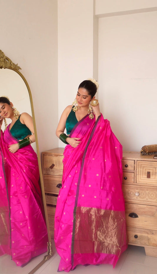 Magenta pink chanderi silk saree with flower bootis all over