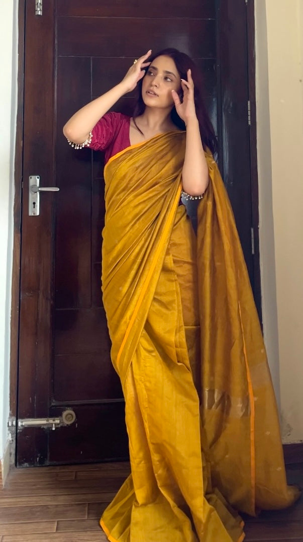 Gold mustard maheshwari saree with zari bootis all over