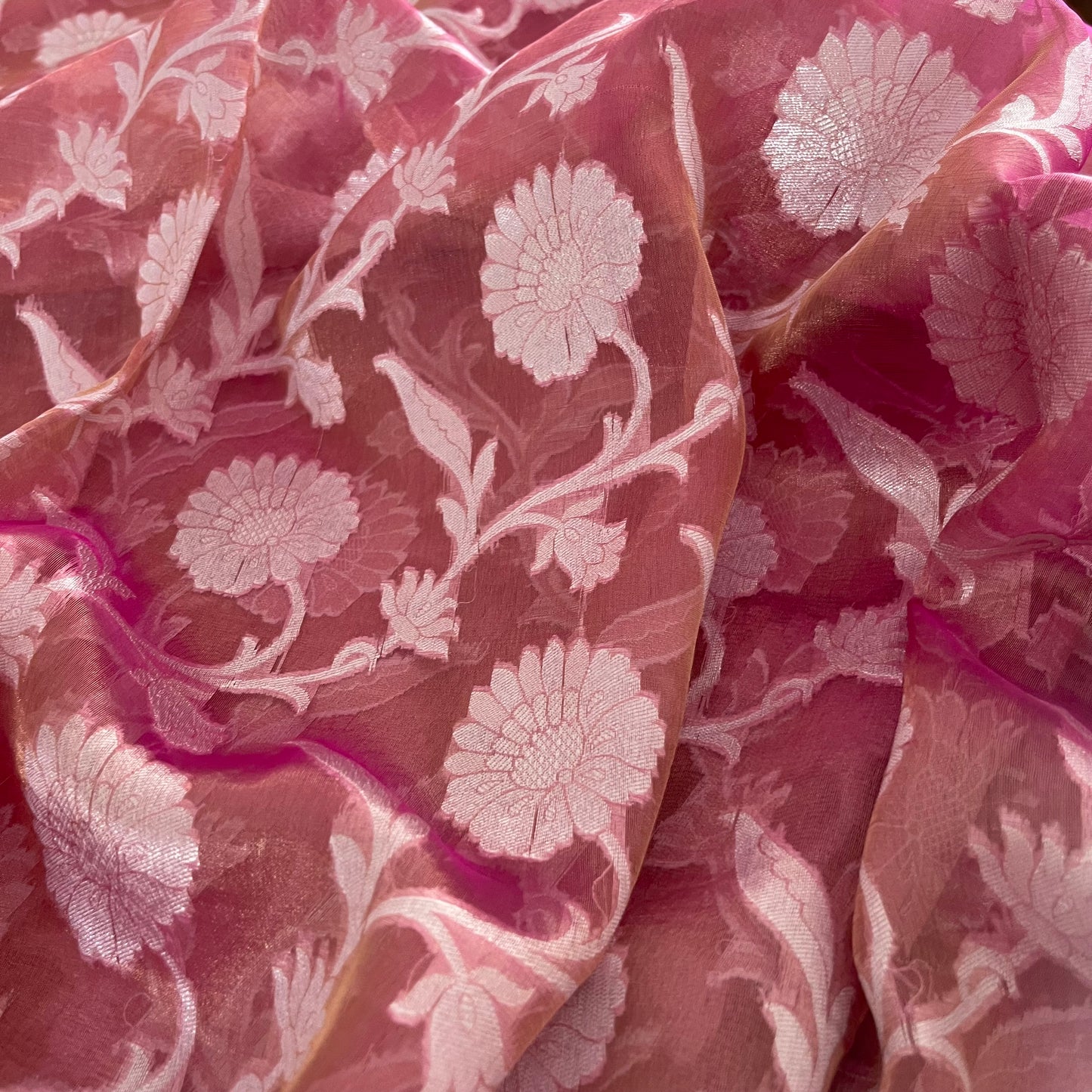 Peachish pink Banarasi tissue silk saree zari jaal work all over