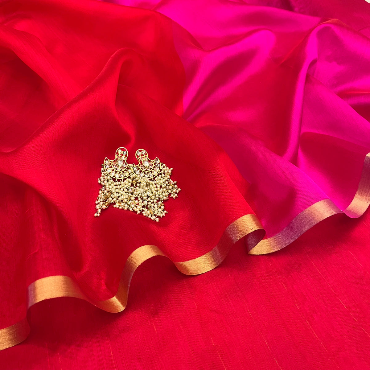Chili Red and pink Chanderi silk saree with tassels on pallu