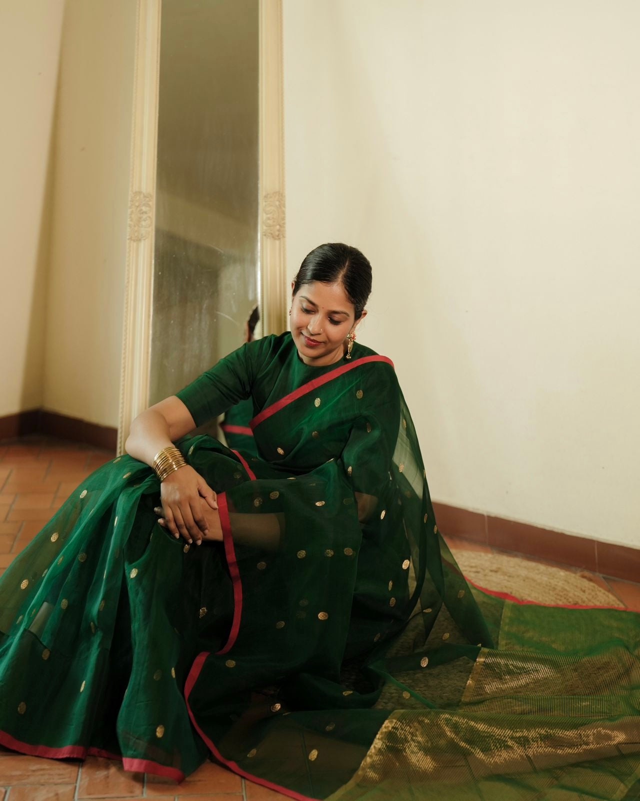 Green & red Chanderi silk saree with zari bootis all over
