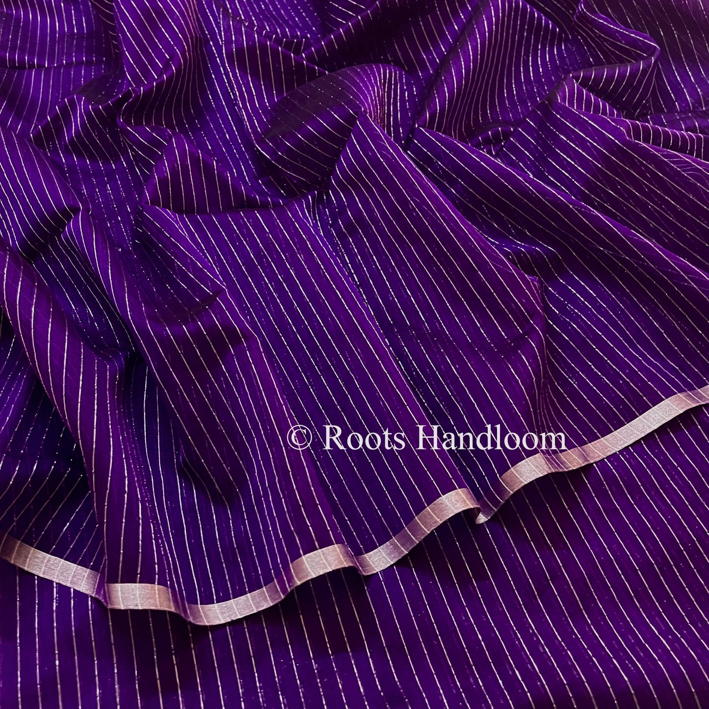 Dark Purple Maheshwari Saree with silver zari lines all over