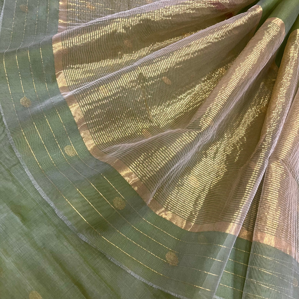 Olive gold & red Chanderi silk saree with zari bootis all over