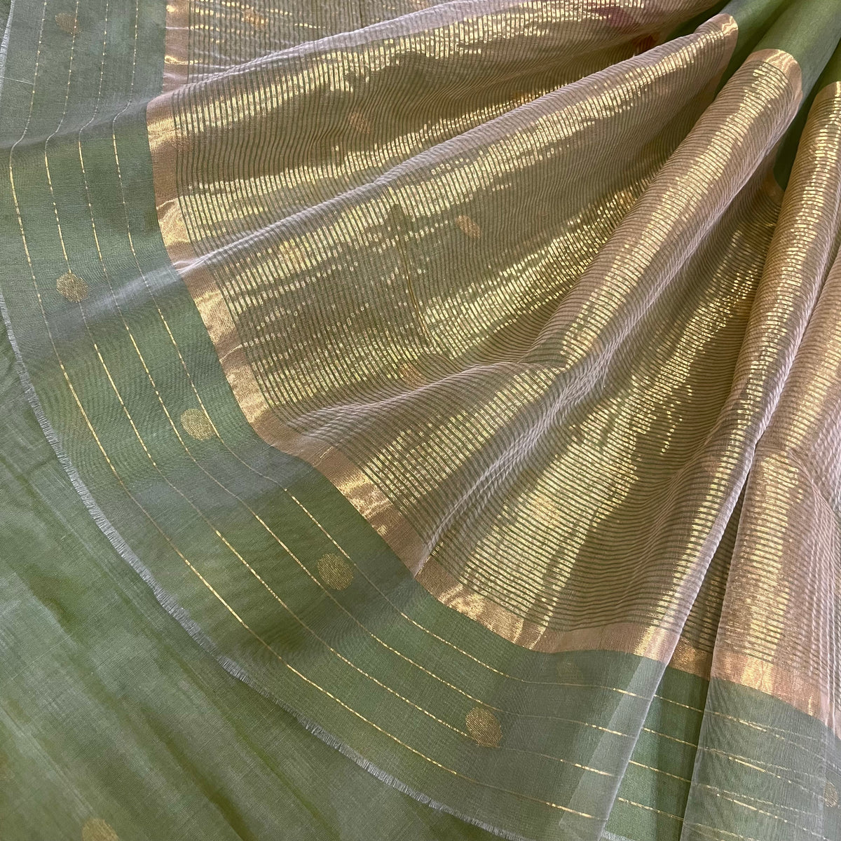 Olive gold & red Chanderi silk saree with zari bootis all over