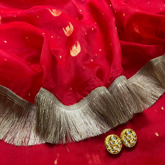 Red Chanderi saree with zari bootis and chaand bootis all over