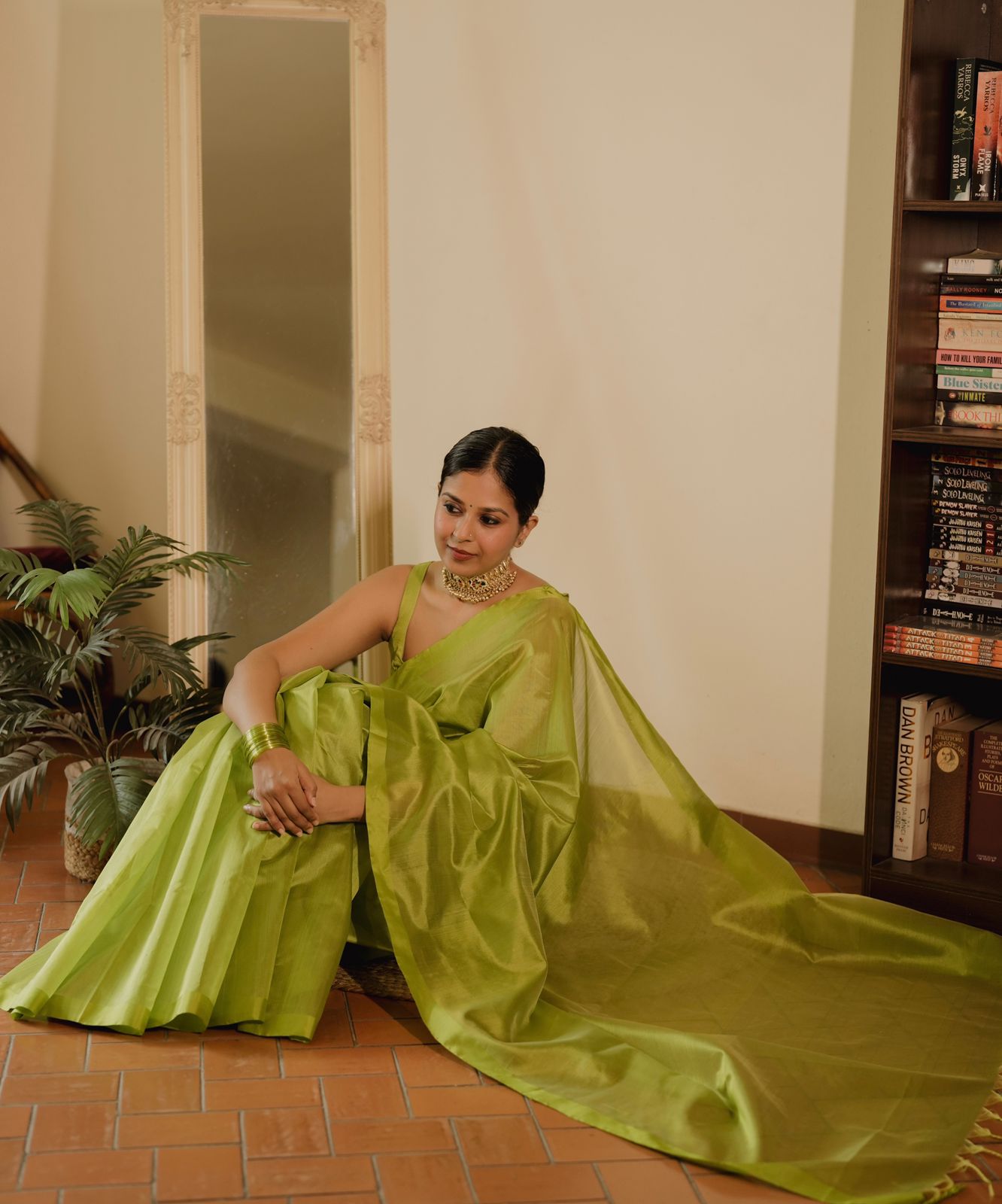 Olive green Chanderi silk saree with silk border