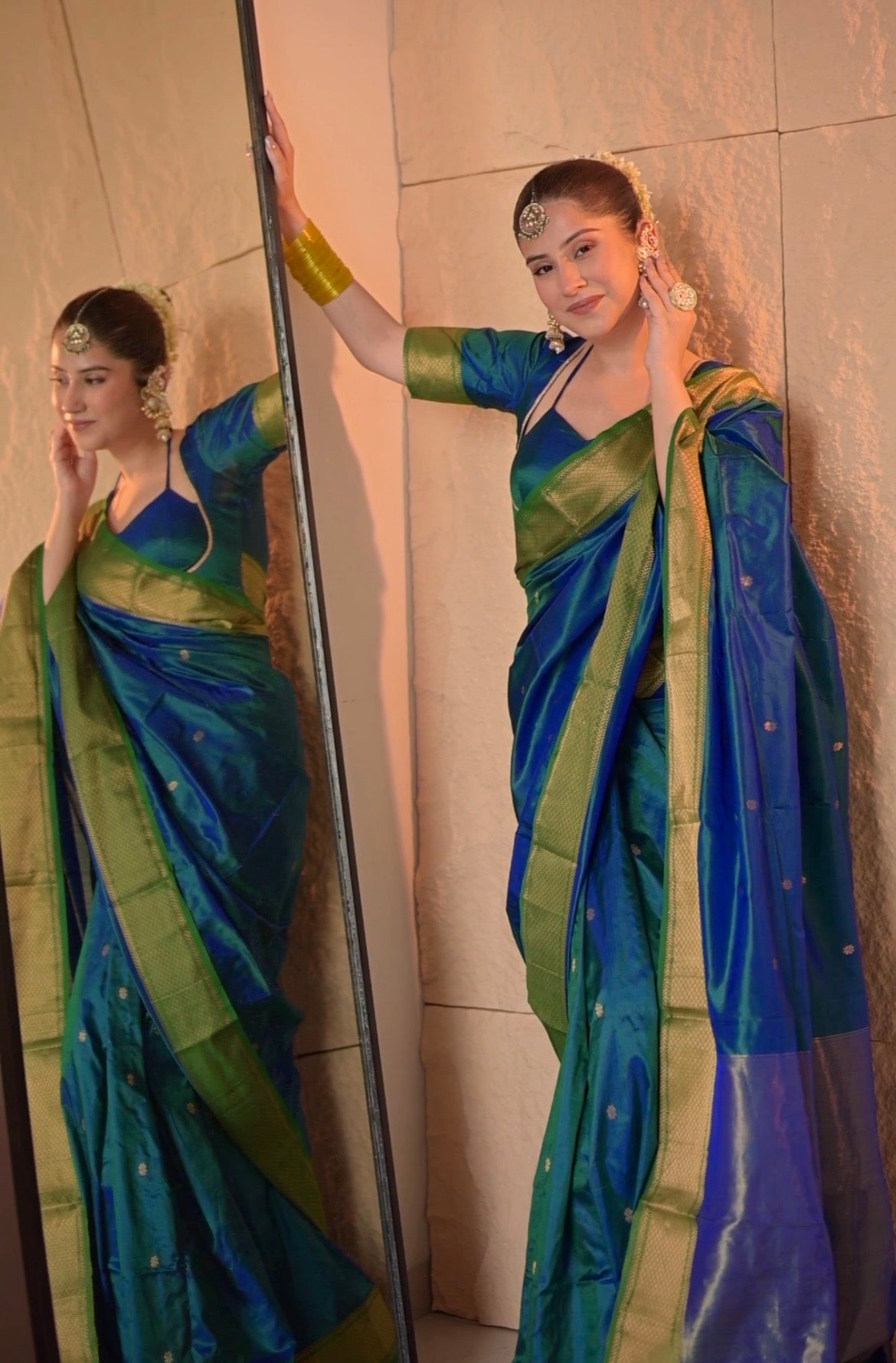 Peacock blue and green dual tone Maheshwari silk saree with zari bootis all over