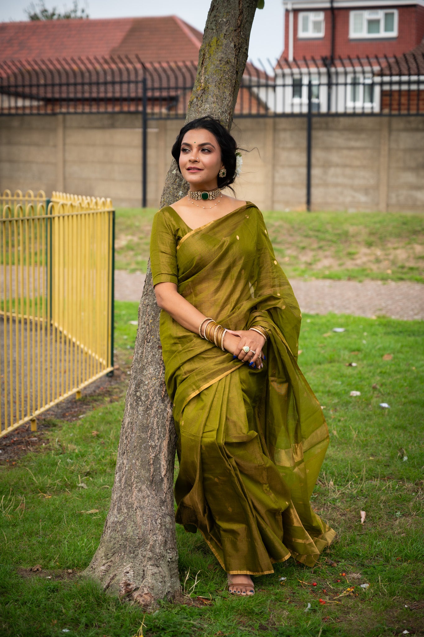 Olive gold maheshwari tissue silk saree with zari bootis all over