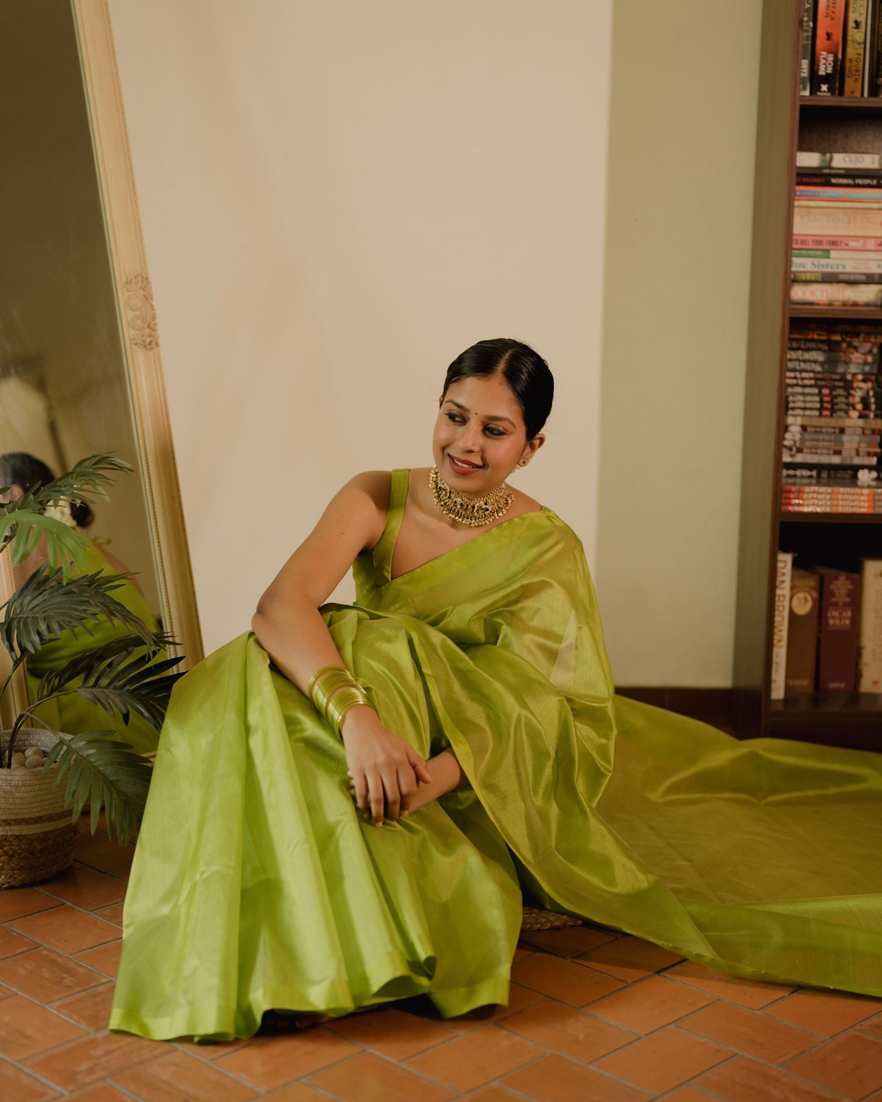 Olive green Chanderi silk saree with silk border
