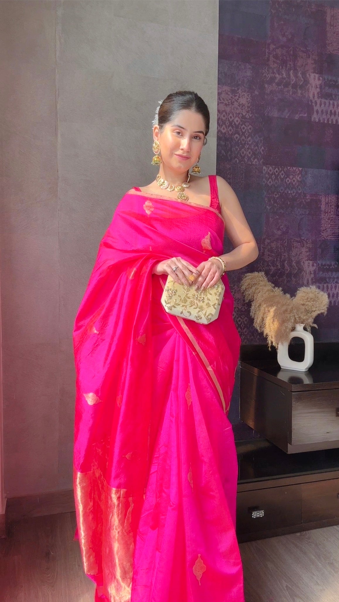 Rani pink chanderi silk saree with jhoomar motifs all over