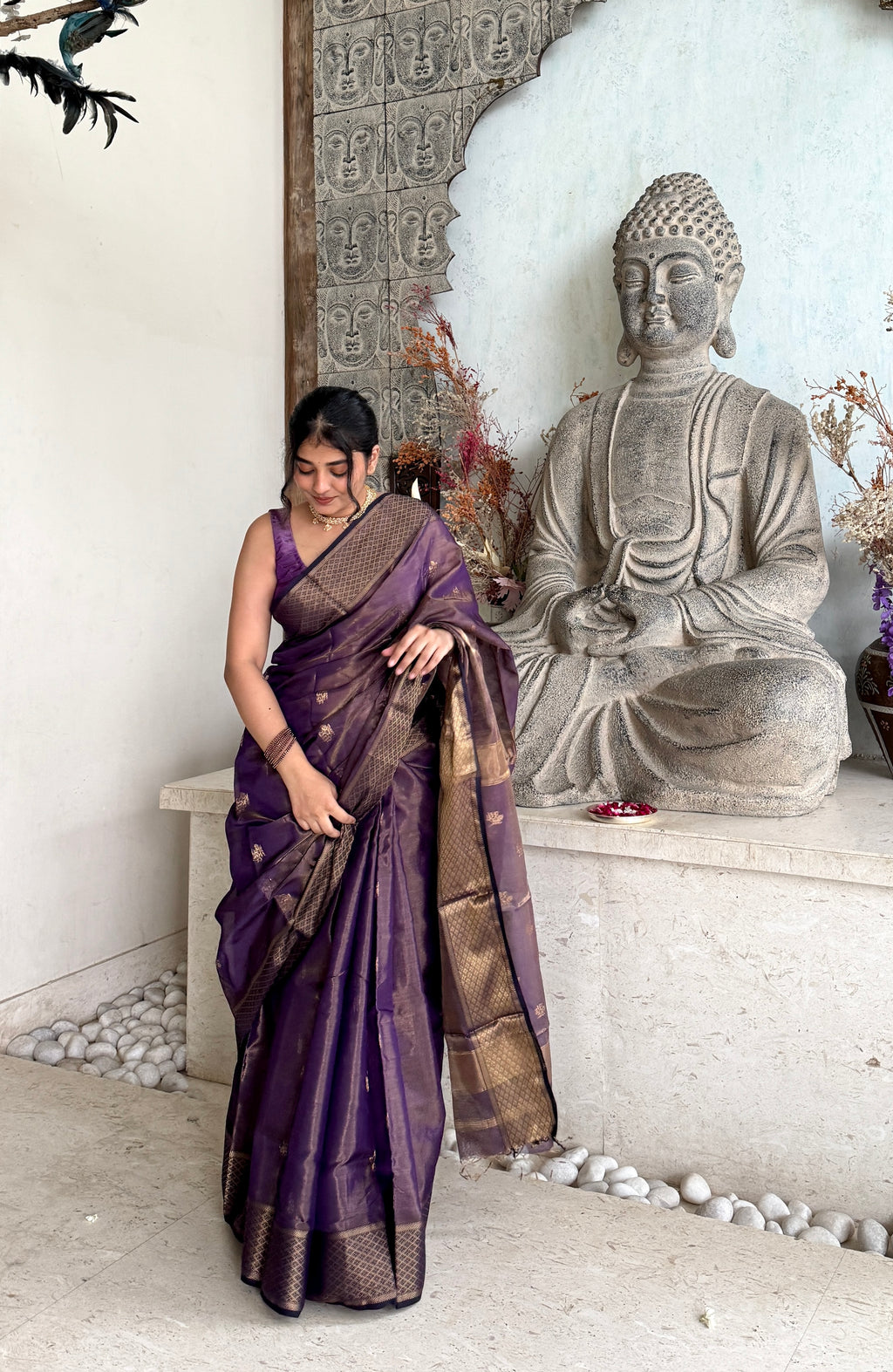 Dark purple maheshwari tissue silk saree with flower motifs all over