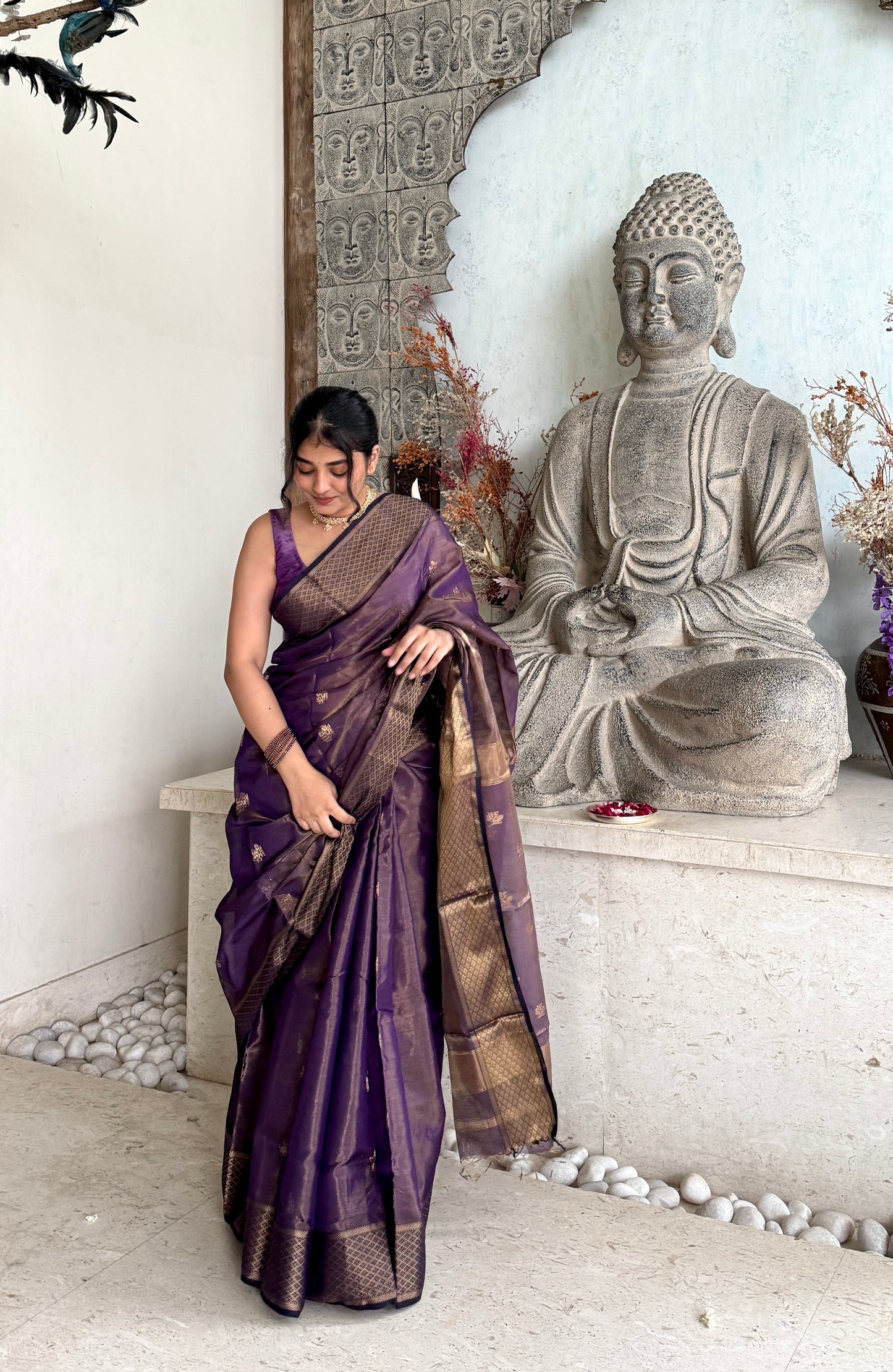 Dark purple maheshwari tissue silk saree with flower motifs all over