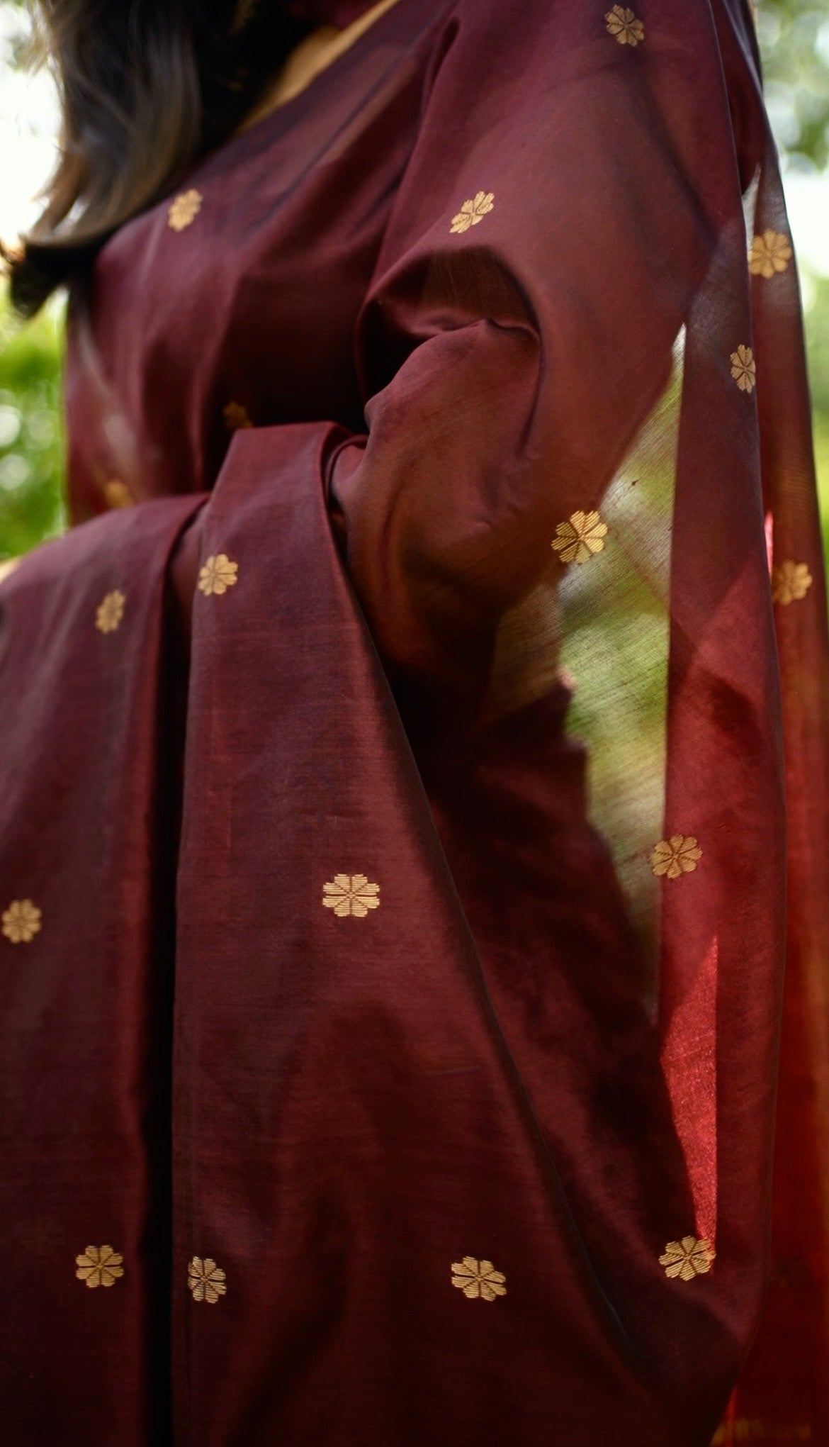 Mahogany Chanderi silk saree with flower bootis all over