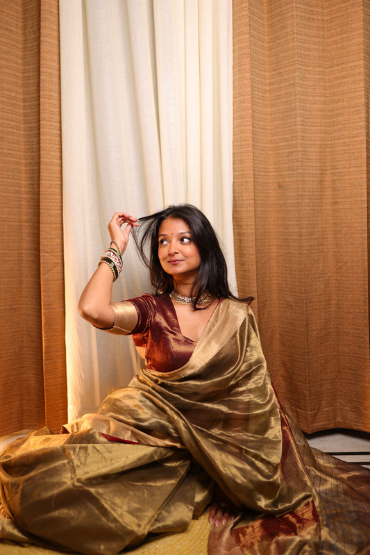 Antique Gold & Red Maheshwari Tissue Silk Saree with Zari Pattern on Pallu