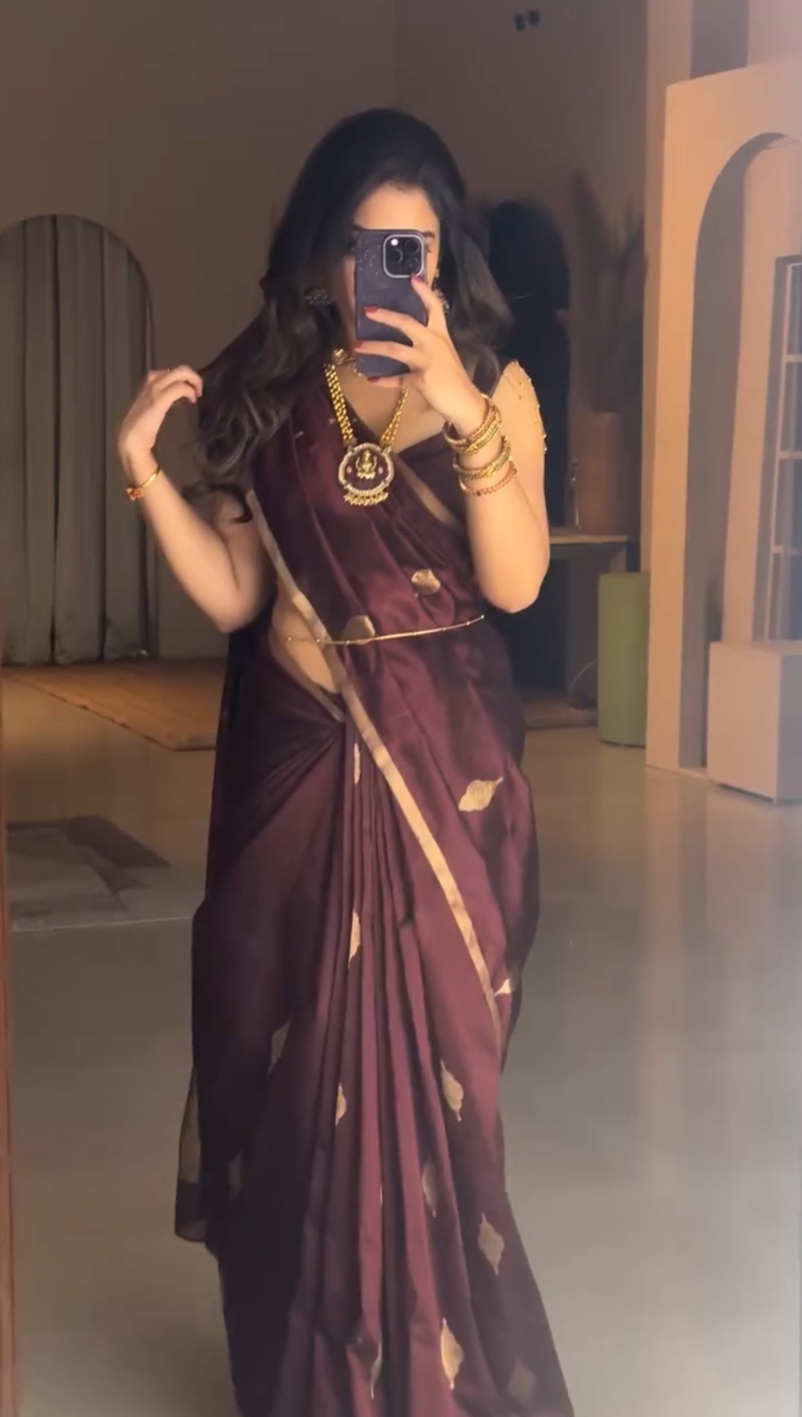 Mahogany chanderi silk saree with jhoomar motifs all over