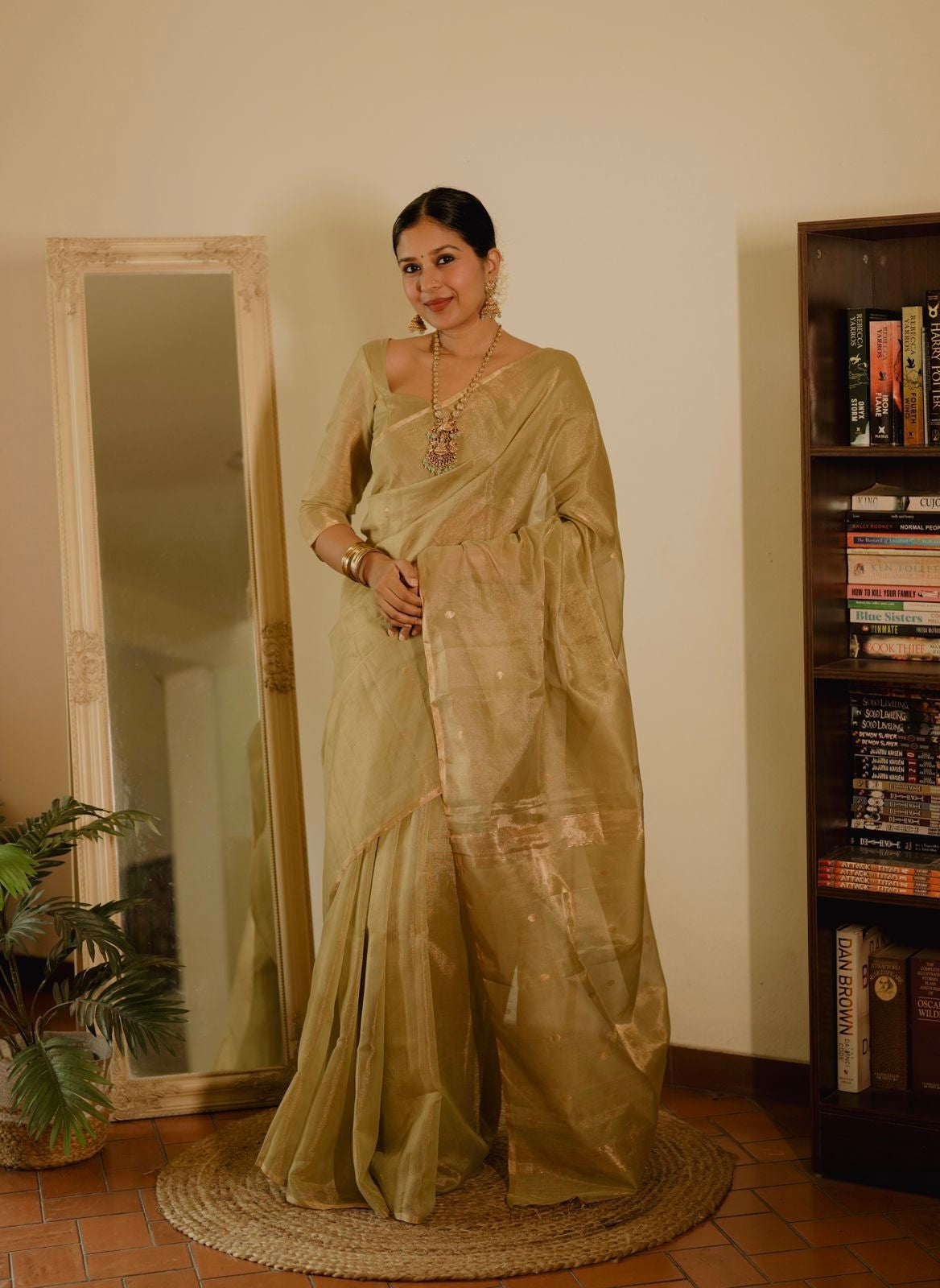 Olive gold Maheshwari tissue silk saree with zari bootis all over