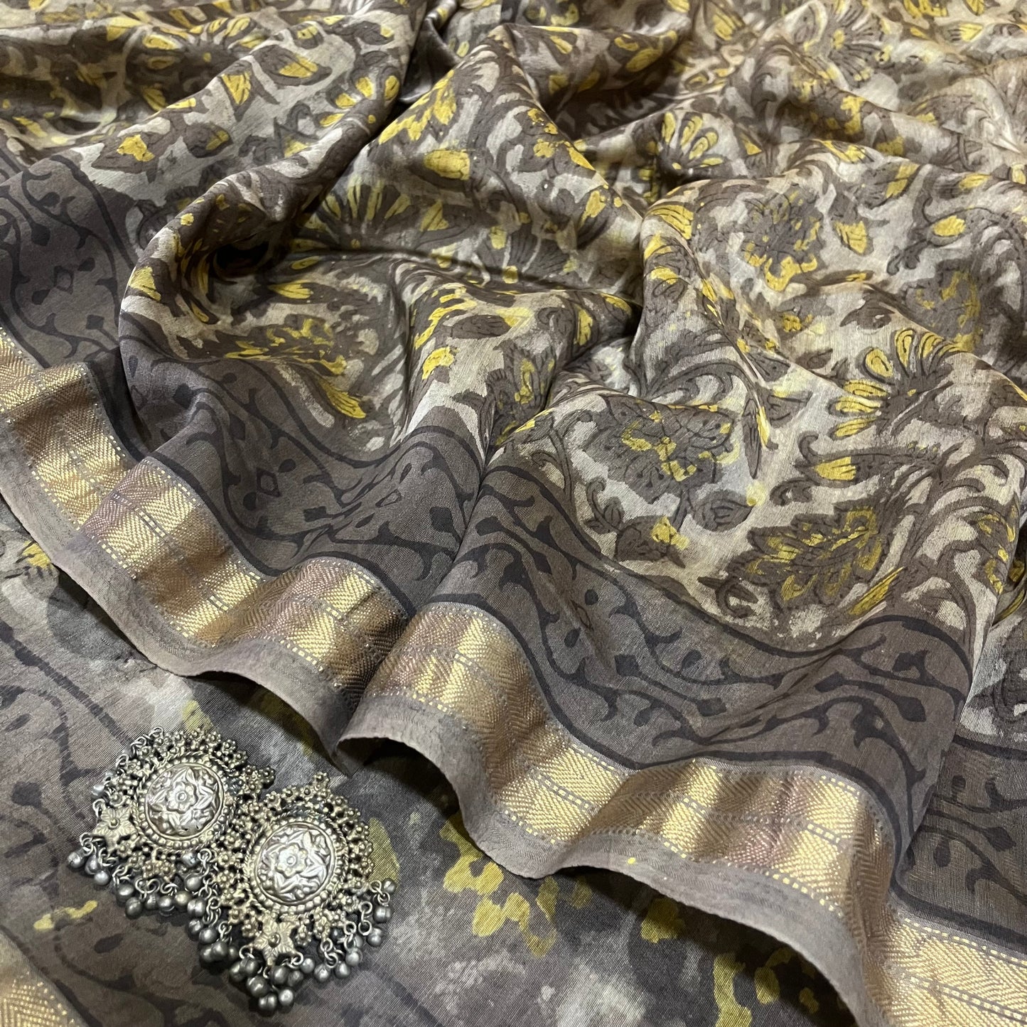 Grey Maheshwari saree with ajrakh print all over