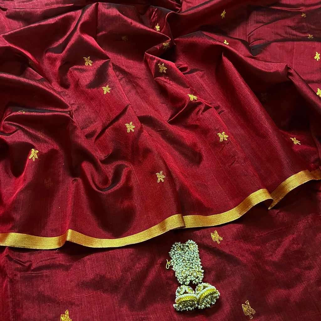 Ready to wear | Deep Maroon Chanderi Silk Saree with Flower Bootis all over