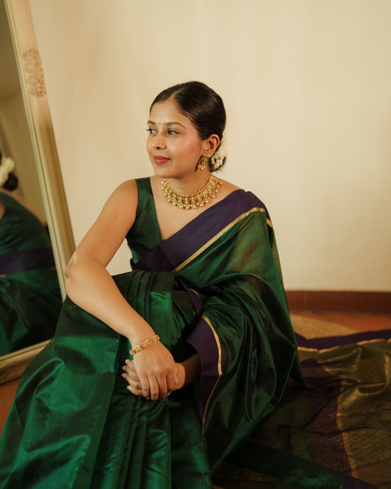 Dark green and blue Chanderi silk saree with silk border