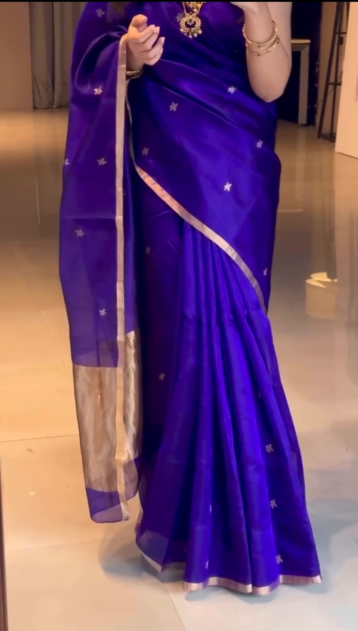 Dark Purple Chanderi Silk Saree with Flower Bootis, ready-to-wear edition