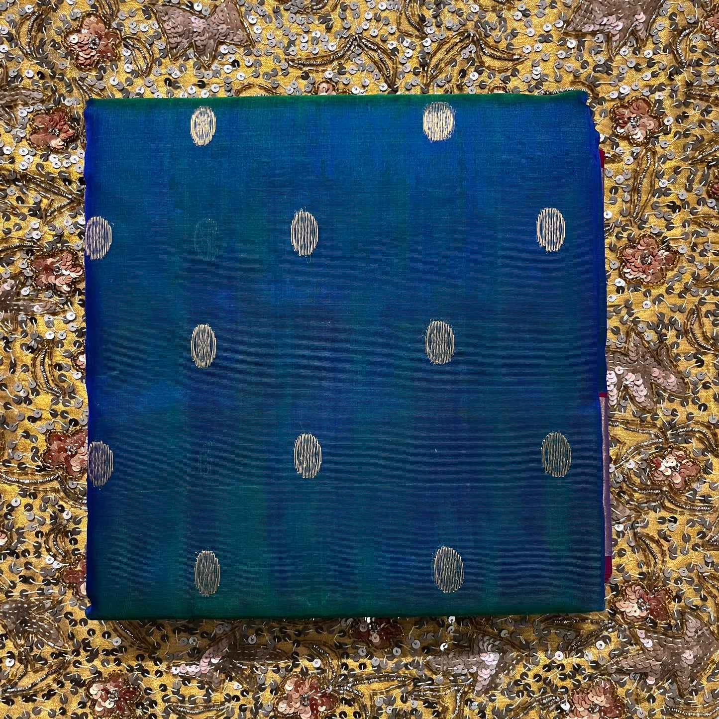 Peacock blue dual tone Chanderi silk saree with zari motifs on pallu