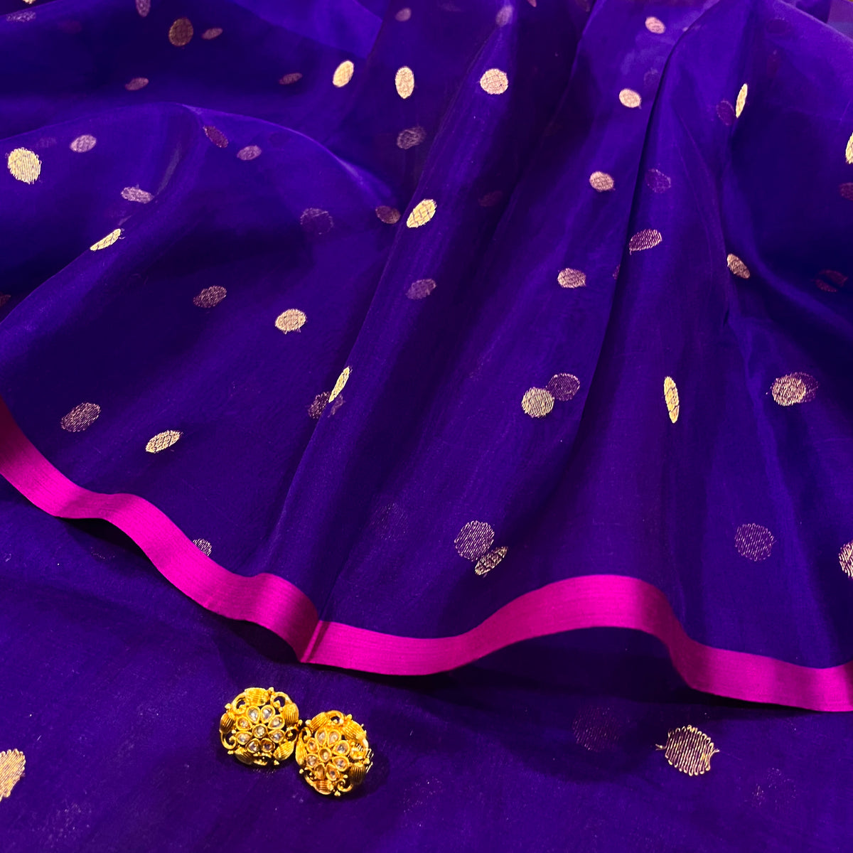 Ready to wear | Dark Purple & Pink Chanderi Organza Silk Saree with Zari Bootis all over