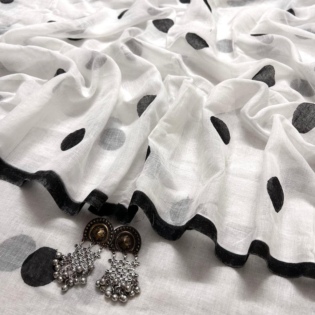 White and black polka dots mulmul saree