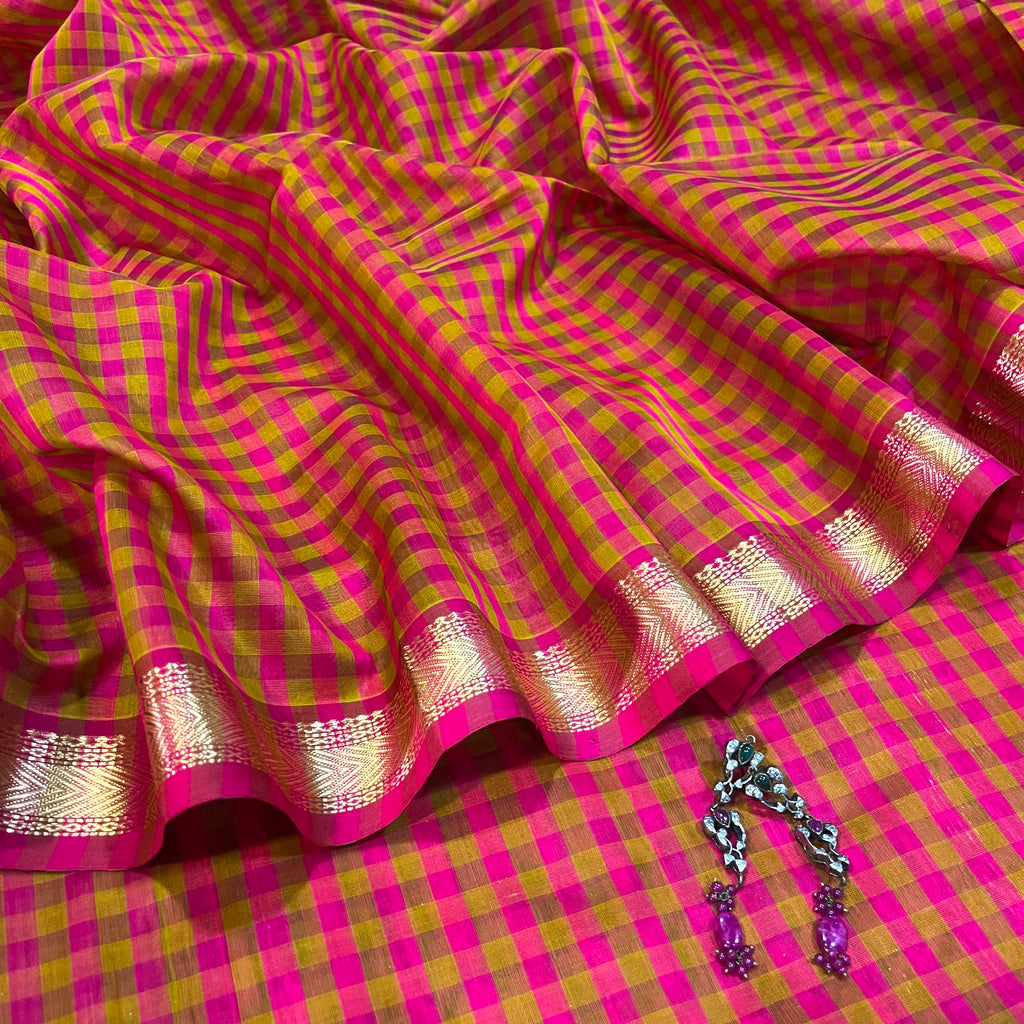 Pink and Olive Maheshwari checkered saree with zari border