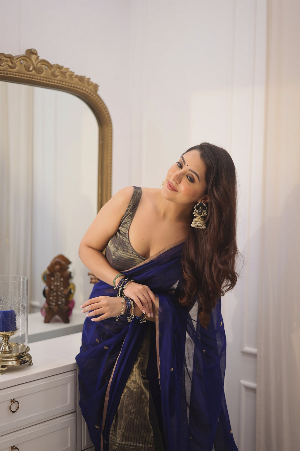 Ready to wear | Dark Blue Maheshwari Saree with Zari Bootis & Zari Lines