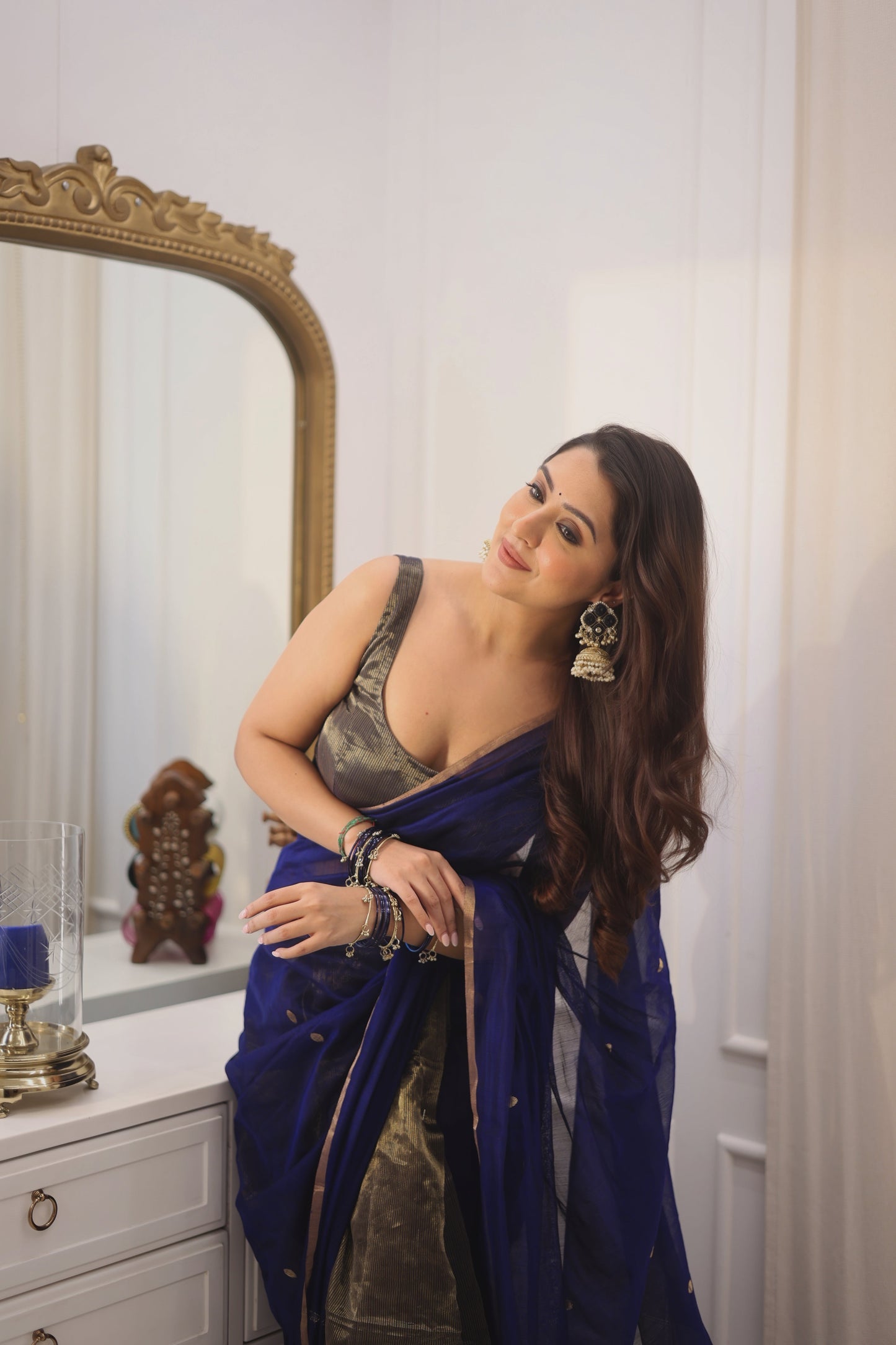 Dark blue maheshwari saree with zari bootis and zari lines