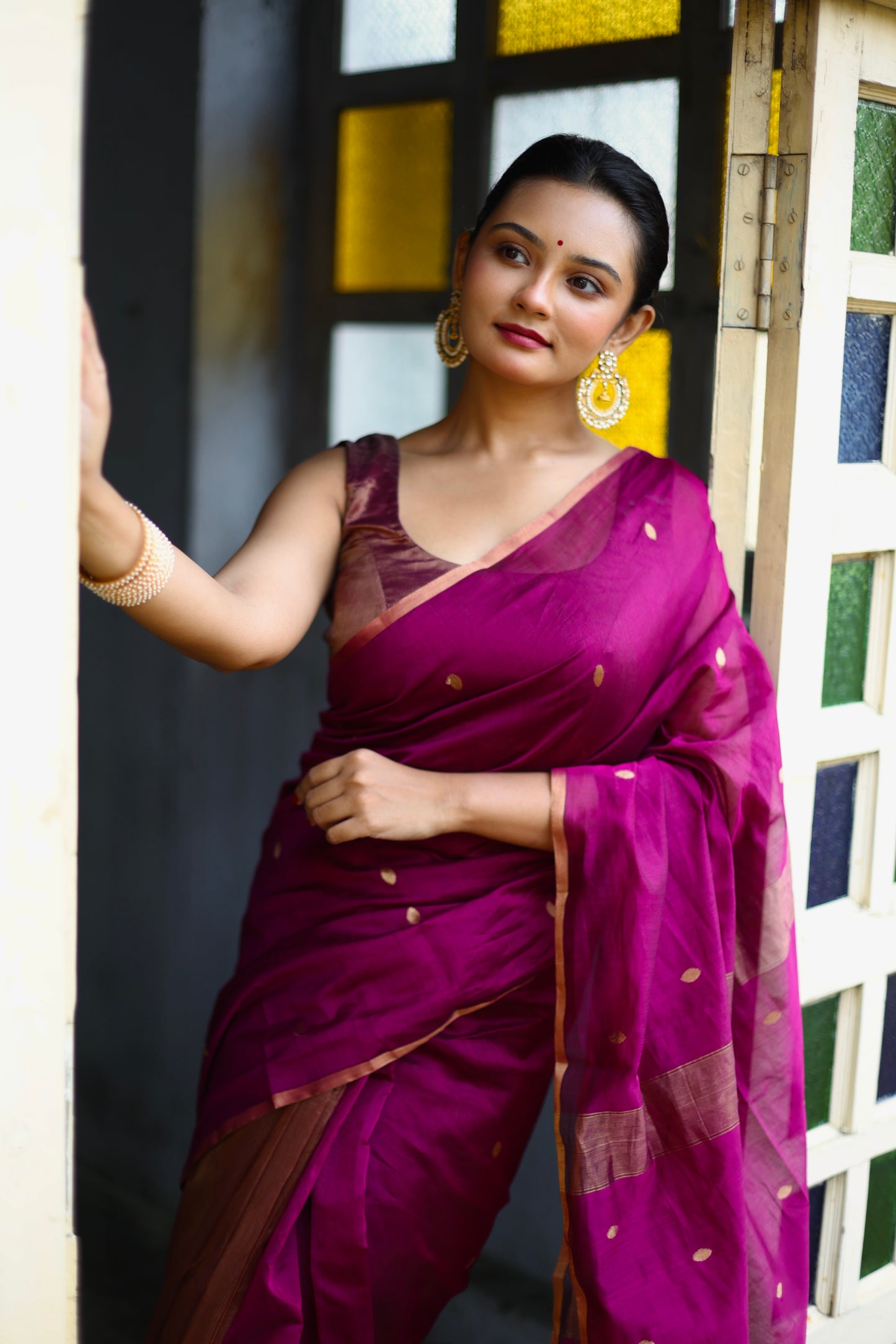 Violet maheshwari saree with zari bootis and zari lines