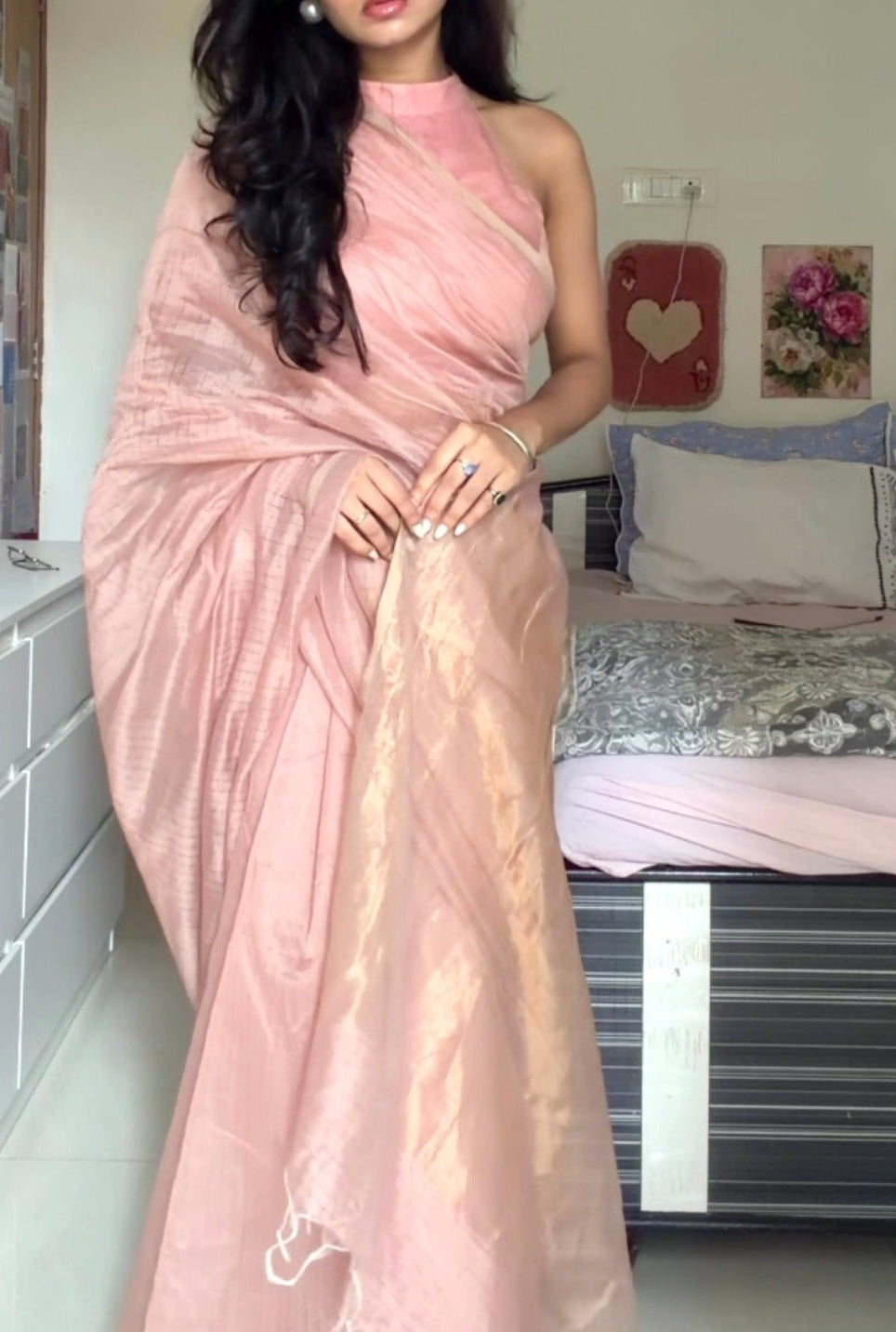 Pastel Pink Maheshwari saree with zari lines all over