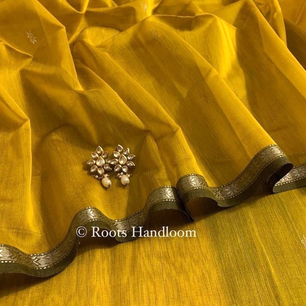 Mustard & green Maheshwari saree with flower bootis all over