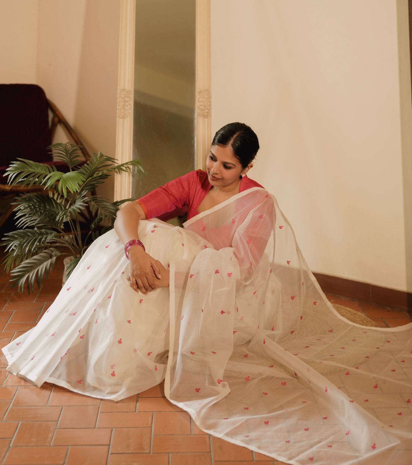 Off white and pink Chanderi silk saree with resham bootis all over