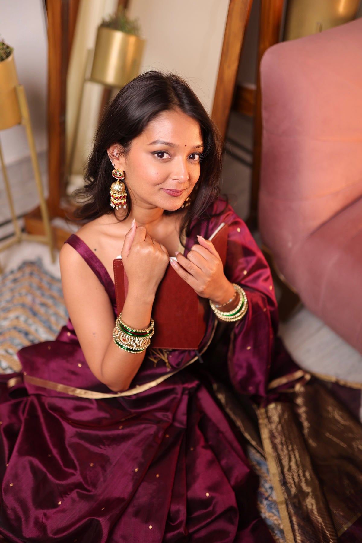 Dark Plum Chanderi Silk Saree with Zari Bootis all over